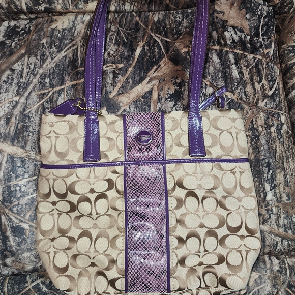 Coach Handbags - Coach Beige Signature Canvas Tote with Purple Trim